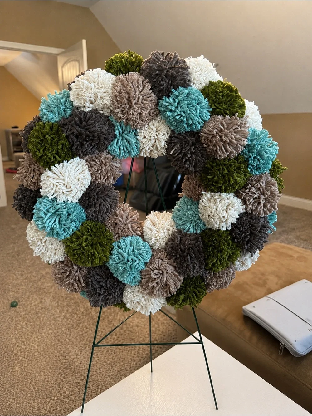 Hand Crafted Teal, Cream, Brown, Dark Green and Tan Pom-Pom Holiday Wreath.